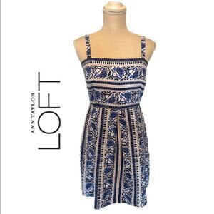 Ann Taylor Loft Blue Grecian Floral Pleated Spaghetti Strap Mini Dress